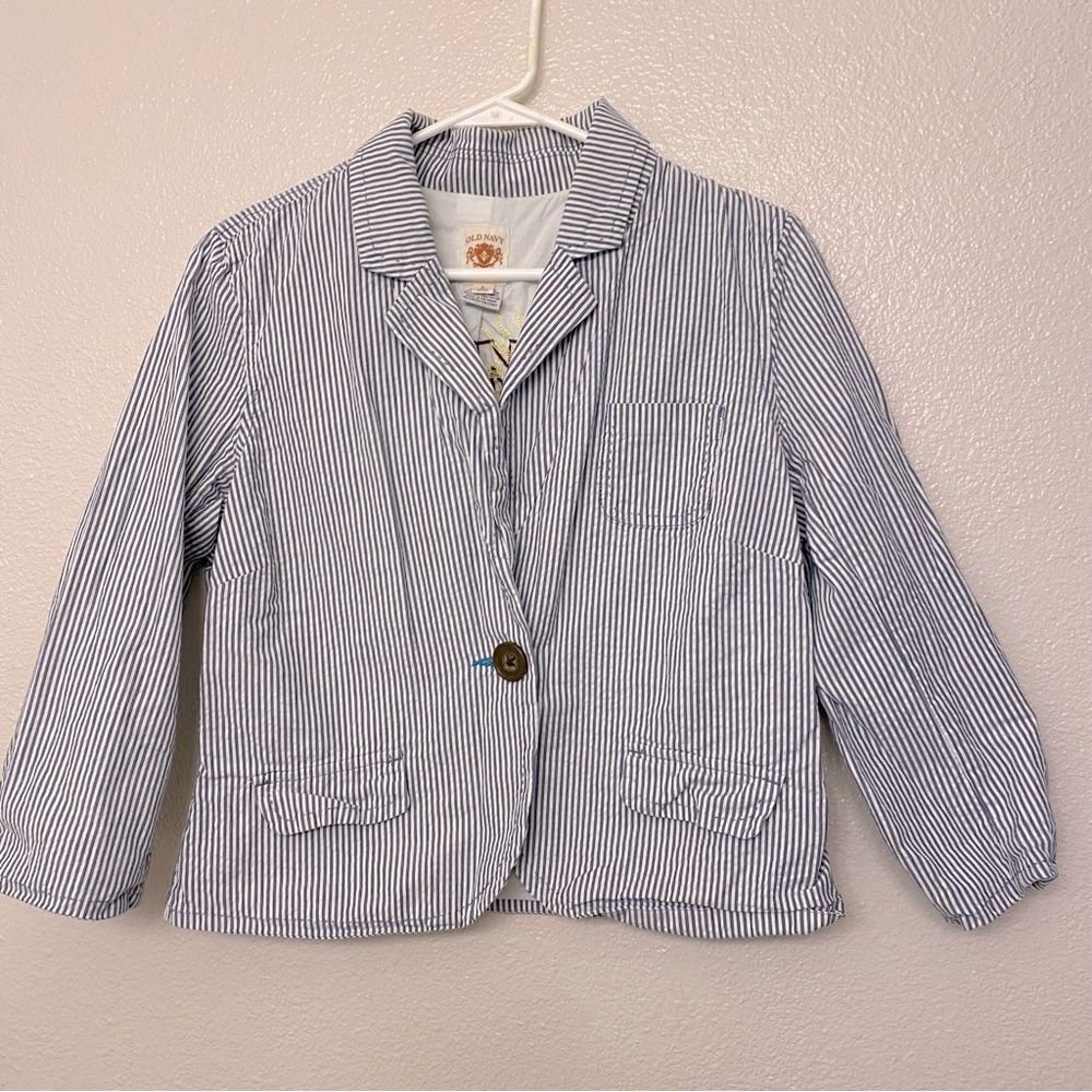 Old Navy Blue White pinstripe Seersucker Blazer one button 3/4 sleeve nautical L